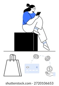 Comércio eletrônico, pagamento digital, compras on-line, fintech, experiência do usuário, comportamento do consumidor. Mulher usando smartphone, sacola de compras cartão de pagamento e símbolos de transferência de dinheiro. Comércio eletrônico e digital
