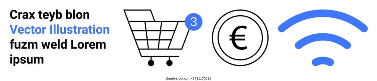Comercio electrónico, pago digital, compras en línea, marketing en Internet, aplicaciones minoristas, conectividad. Carrito de compras con icono de notificación, símbolo del euro y señal inalámbrica. Comercio electrónico y digital
