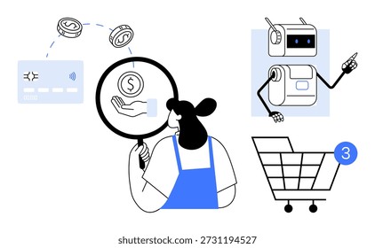 Comercio electrónico, pagos digitales, tecnología de IA, transacciones financieras, Servicio al cliente, compras en línea. Persona con lupa y IA analizando transacciones. Comercio electrónico y pagos digitales