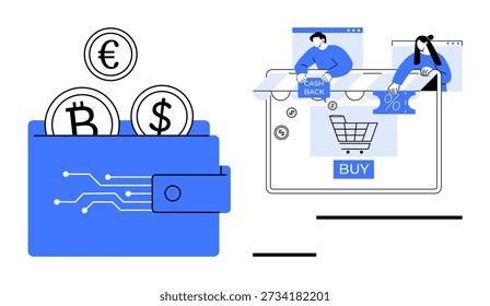 Comercio electrónico, pagos digitales, uso de criptomonedas, adopción de tecnología financiera, transacciones sin efectivo, negocios modernos. Cartera digital con monedas, iconos de compras en línea. Concepto de comercio electrónico y pagos digitales