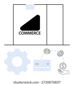 Comercio electrónico, pagos digitales, compras en línea, sistemas financieros, transacciones bancarias, economía virtual. Cuenta con tarjeta de crédito, monedas de cambio de mano y gráfico de engranajes. Comercio electrónico y pagos digitales