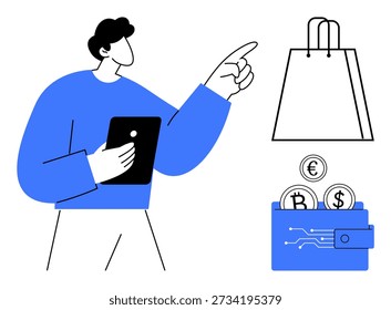 Ecommerce, digital payments, shopping apps, online purchases, financial technology, electronic transactions. Person holding a tablet pointing to shopping icons. Ecommerce and digital payments