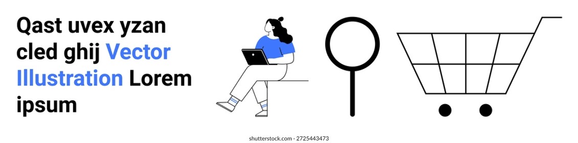 E-commerce, digital research, product browsing, online shopping, consumer behavior, internet lifestyle. Woman seated with laptop, magnifying glass shopping cart. E-commerce and digital research