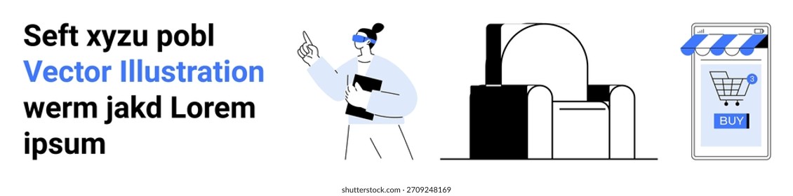 E-commerce, digital shopping, online services, retail technology, modern lifestyle, convenience. Woman holding a card, a chair and a shopping app icon. E-commerce and digital shopping concept