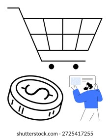 Comércio eletrônico, compras digitais, sistemas de pagamento, comportamento dos consumidores, marketing a retalho, transações financeiras. Carrinho de compras, moeda e pessoa com um dispositivo. Conceitos de comércio eletrônico e compras digitais