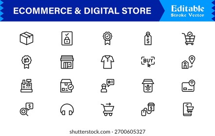 Ecommerce e Digital Storefront Trends: Professional Clean Line Icon Collection Com Pixel-Perfect Editable Vetores