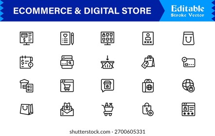 E-Commerce und digitale Schaufenster Trends: Professionelle Clean Line Icon Kollektion mit Pixel-Perfect bearbeitbaren Vektoren