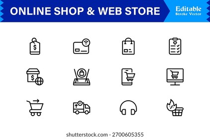 Tendencias de comercio electrónico y tienda digital: Colección de iconos de línea limpia de Profesional con Vectores editables perfectos en píxeles