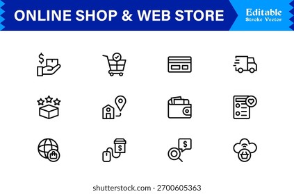 Ecommerce e Digital Storefront Trends: Professional Clean Line Icon Collection Com Pixel-Perfect Editable Vetores
