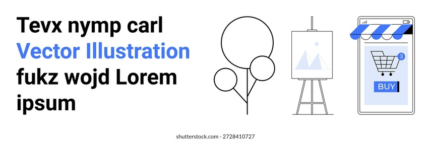 E-Commerce, digitale Geschäfte, Kreativität, Kunst, technologische Integration, Online-Trends. Minimalistisches Smartphone-Schaufenster, Ballons Leinwand stehen. Konzepte für E-Commerce und Kreativität