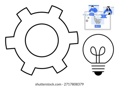 Comércio eletrônico, estratégia digital, inovação, tecnologia, soluções empresariais, plataformas em linha. Uma roda dentada, lâmpada e gráfico de compras on-line em um design limpo. Comércio eletrônico e estratégia digital