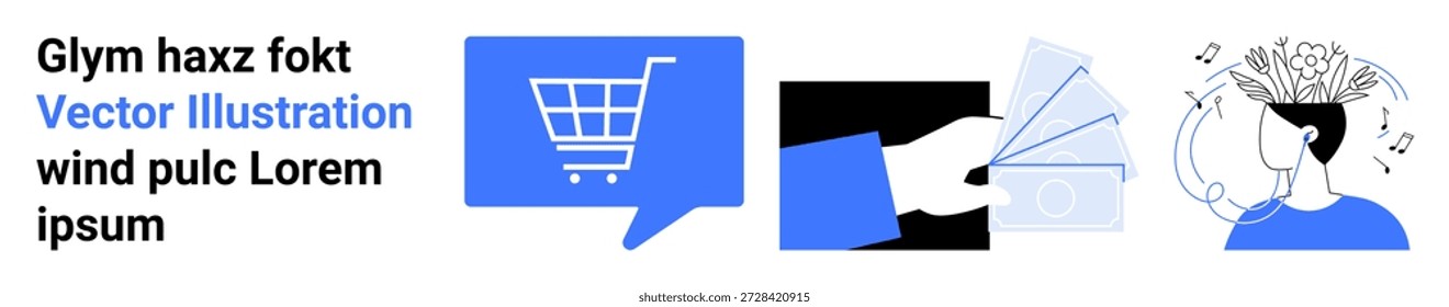 E-Commerce, digitale Transaktionen, Designinnovation, modernes Shopping, Kreativität, Brainstorming. Warenkorb-Symbol, Geldwechsel und Person mit Ideen. Elektronischer Geschäftsverkehr und digitale Transaktionen