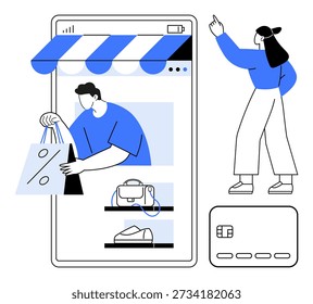 Comercio electrónico, transacciones digitales, compras móviles, venta minorista en línea, comportamiento del consumidor, sistemas de pago. Un Cliente interactuando con una tienda móvil. Concepto de comercio electrónico y transacción digital