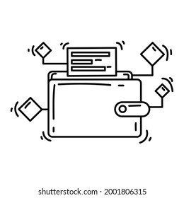 Icono de cartera digital de comercio electrónico. conjunto de iconos dibujado a mano, contorno negro, icono de doodle, diseño de iconos vectoriales.