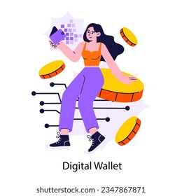 Comercio electrónico. Billetera digital y dinero. Transacción segura en línea para el pago de la compra. Aplicación bancaria móvil. Ilustración vectorial plana