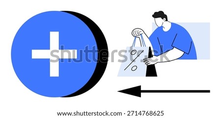 E-commerce, discount shopping, digital retail, customer incentives, online deals, navigation. Plus sign and shopper holding bags with discount marks, arrow pointing left. E-commerce and discount