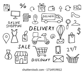 E-commerce doodle icons collection. Online shopping icon collection. Doodle  courier service icon collections. Doodle delivery service