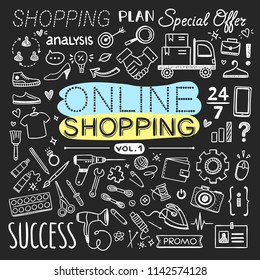 E-commerce doodle icons illustrations on dark background. Outline online shopping symbols and elements for sales and business