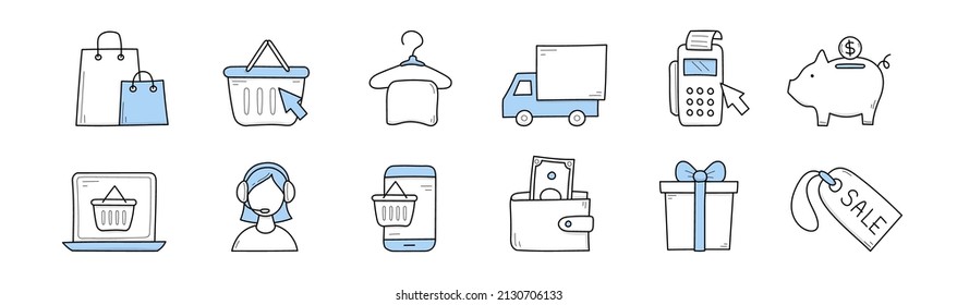 E-commerce doodle icons, signs of web store sale, delivery, online support and payment. Vector doodle set of internet retail service with basket, phone, gift box, bags, truck, piggy bank and price tag