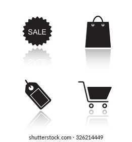 E-commerce drop shadow icons set. Round sale sticker and shopping bag black cast shadow silhouettes illustrations isolated on white. Price tag and shopping cart symbols. Vector infographics elements