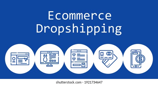 E-Commerce-Dropship-Hintergrund-Konzept mit E-Commerce-Drop-Icons. Symbolbezogene Debitkarte, Website, Wunschliste, Online-Zahlung