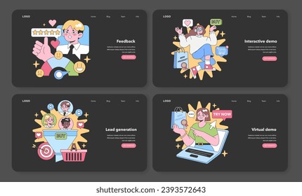 E-Commerce Dynamics set. Captures feedback collection, engaging interactive demos, and lead generation through virtual showcases. Flat vector illustration.