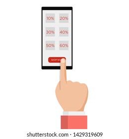 E-commerce, e commerce, sale online shopping, hand with smartphone,discount label message. Mobile payments,advertising customer information. Modern trendy flat design vector illustration