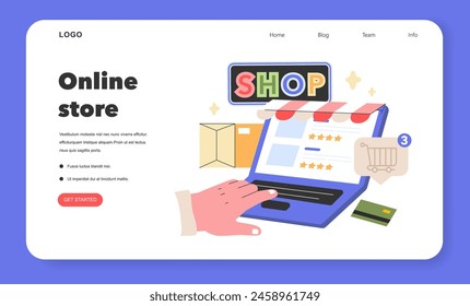 E-commerce Ease concept Hands finalize an online purchase, highlighting the convenience of digital shopping with a vibrant laptop display Vector illustration