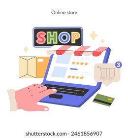 E-commerce Ease concept Hands finalize an online purchase, highlighting the convenience of digital shopping with a vibrant laptop display Vector illustration