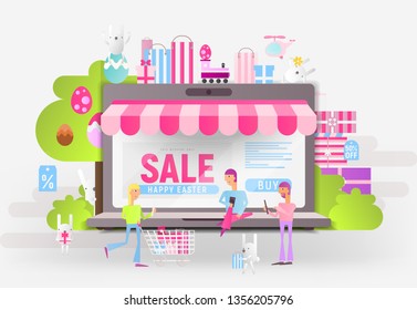 E-commerce Easter Sale Banner - Easter Bunnies and Young People who Do Online Mobile Shopping near Big Laptop with Store Shop. Vector Illustration for Mobile Apps and Web Site Design.