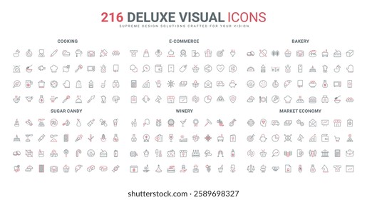 Ecommerce and economy, rating and share information and likes, winery line icon set. Wheat loaf and pizza, croissant to bake in bakery, cooking thin black and red outline symbols vector illustration