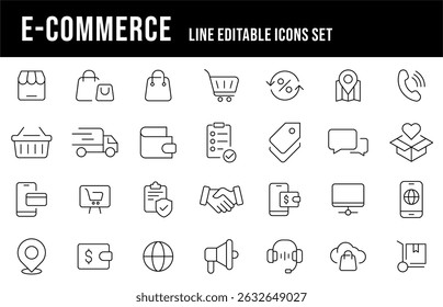 E-commerce Editable Line Icons Thin Outline Vector Style Illustrations Representing Online Shopping, Payment Methods, Digital Goods, and Mobile Commerce Applications	