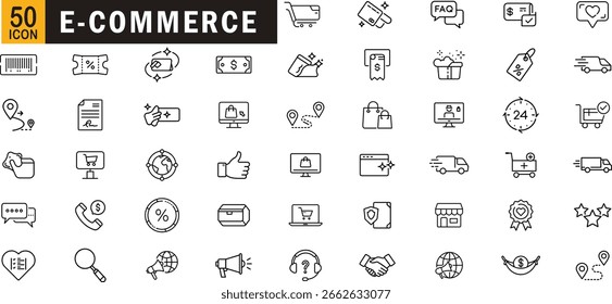 E-commerce editable outline icon set. Shopping, delivery, payment, discount, customer-service, marketing and more
