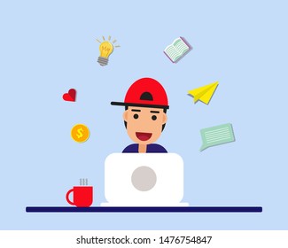 E-commerce or Education concept: There are Happy man,laptop,red cup of hot coffee. A bulb, red heart, chat text, money, book and paper plane jump from the laptop