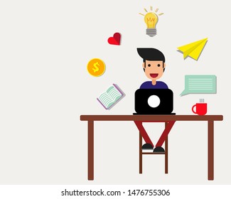 E-commerce or Education concept: There are Happy man,laptop,red cup of hot coffee on brown table. A bulb, red heart, chat text, money, book and paper plane jump from the laptop