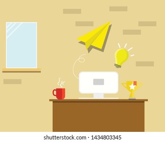 E-commerce or Education concept: There are laptop, trophy, red cup of hot coffee on brown table. A bulb and paper plane jump from the laptop with brown bricks wall, glass window in the morning.