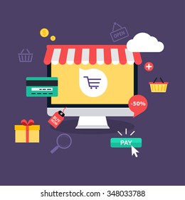 E-commerce, Electronic Business, Online Shopping, Payment, Delivery, Shipping Process, Sales. Infographic Concept Vector. 