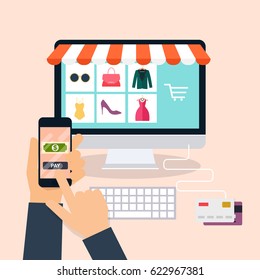 E-commerce, electronic business, online shopping, payment, delivery, shipping process, sales. Infographic concept vector.