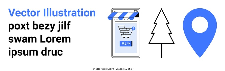 E-Commerce, Umwelt, Standortdienstleistungen, digitaler Einzelhandel, Online-Geschäft, App-Funktionalität. Smartphone mit Einkaufswagen, Lageplan und Baumschildern. E-Commerce- und Umweltkonzepte