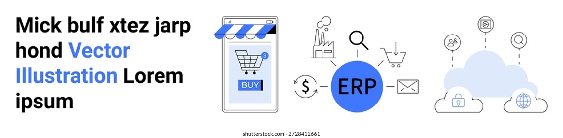 E-commerce, ERP solutions, digital transformation, cloud computing, business management, financial analysis. Digital shopping cart and ERP symbol. E-commerce and ERP solutions concept