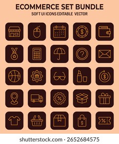 Coleção de ícones vetoriais essenciais de e-commerce para lojas on-line e mercados digitais que oferecem um conjunto abrangente para