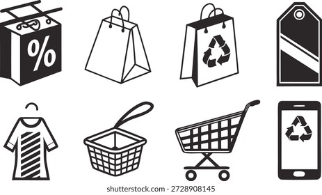 E-commerce Essentials: A collection of various e-commerce icons, including shopping bags, sale tags, and a mobile device with a recycling symbol.