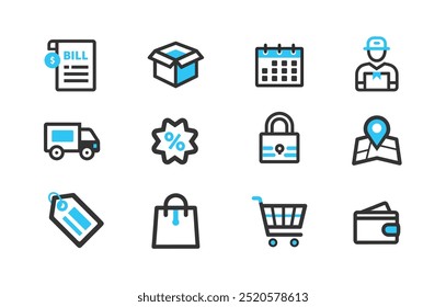 E-commerce essentials icon set with bill, box, calendar, and more, perfect for online shopping, delivery, and business management needs. Ideal for modern retail and commerce solutions.