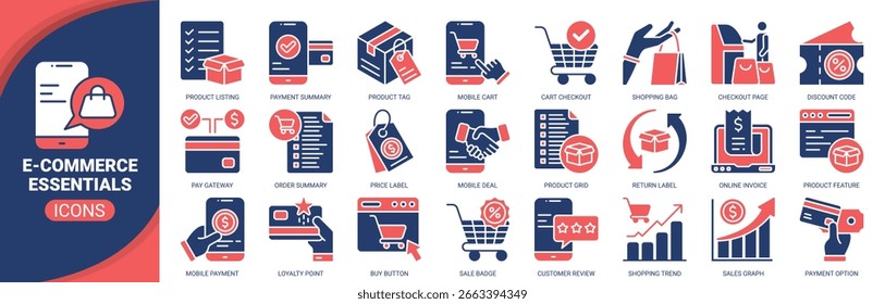 E-commerce essentials icon set. Containing icon of online store, shopping bag, sales graph, mobile payment, checkout page and more. Solid vector icons collection.