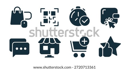E-commerce excellent icon collection. Shopping bag mouse, scan code, approved timer, secure wallet click, chat message, online shop, add cart, rating like