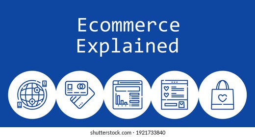 ecommerce explained background concept with ecommerce explained icons. Icons related debit card, shopping bag, website, wishlist, internet