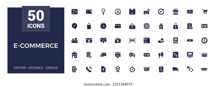 E-commerce filled icon set, online shopping and delivery elements glyph collection for web and ui. Filled icons pack, Solid icon collection, Vector illustration.