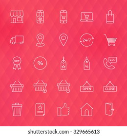 E-commerce and Finance Line Icons Set. Vector Set of Shopping Trade Modern Thin Line Icons for Web and Mobile over Abstract Polygonal Background