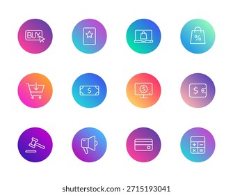 Comercio electrónico, finanzas, compras. Conjunto de Vectores de 12 iconos de gradiente redondo con Carrito, cartera, tarjeta de crédito y calculadora para UI y diseño de tienda.