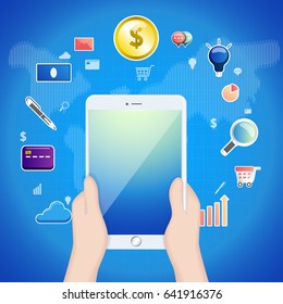 E-Commerce Financial technology icon set with tablet 